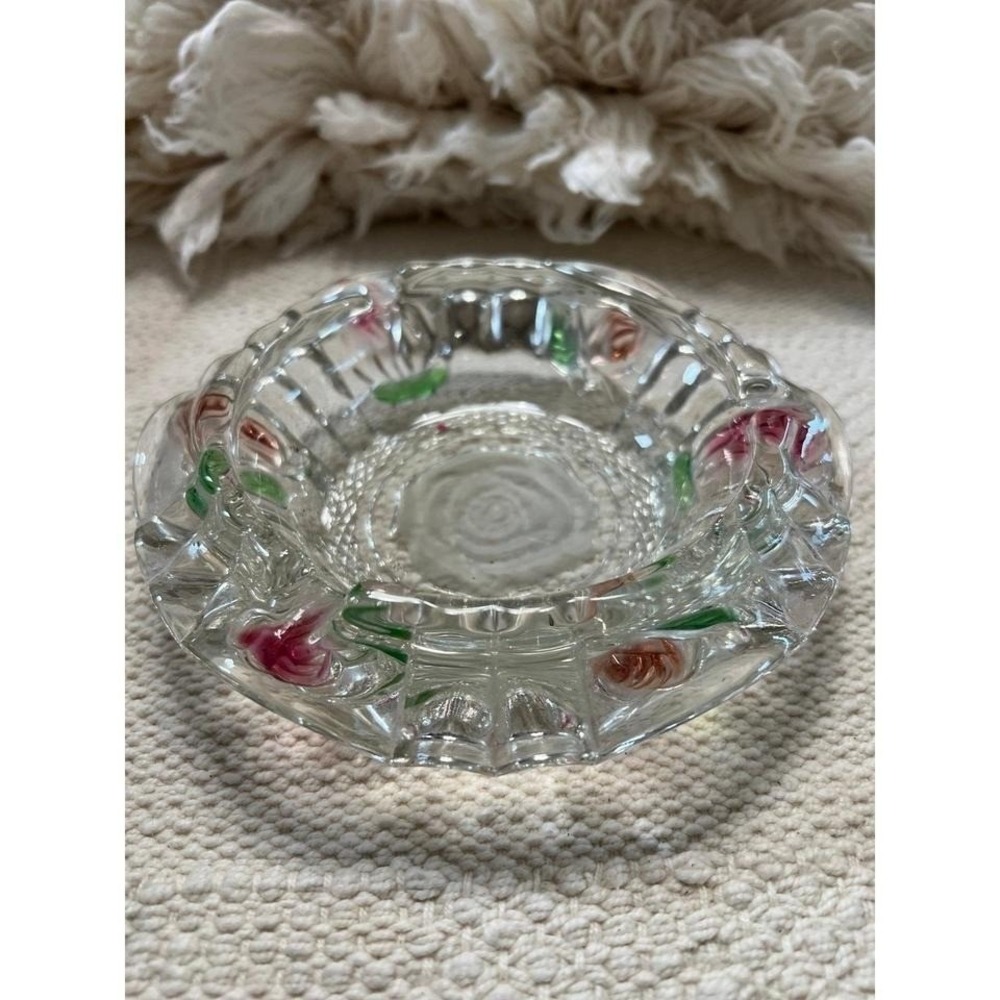 Vintage Glass Ashtray With Rose Design Red & Green Accents‎